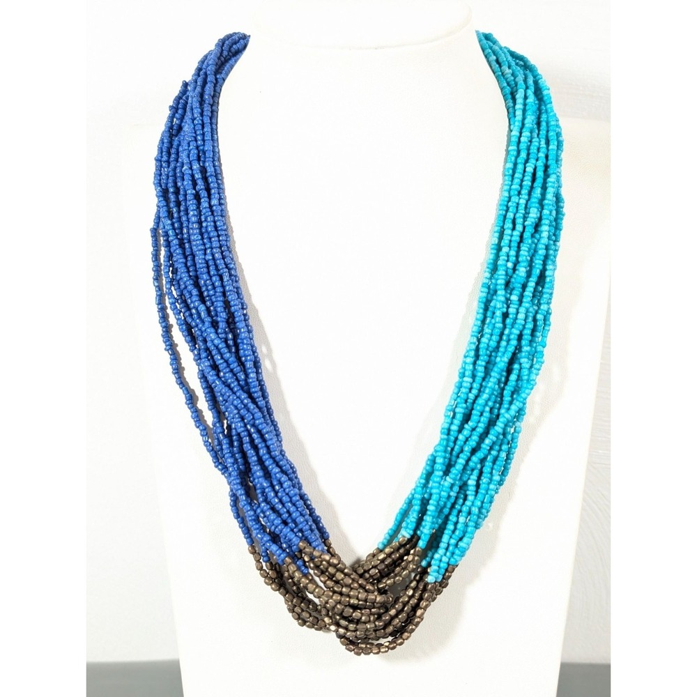 Beachy Boho Bronze Tone Blue Bead Multi Strand Statement Necklace 20"‎